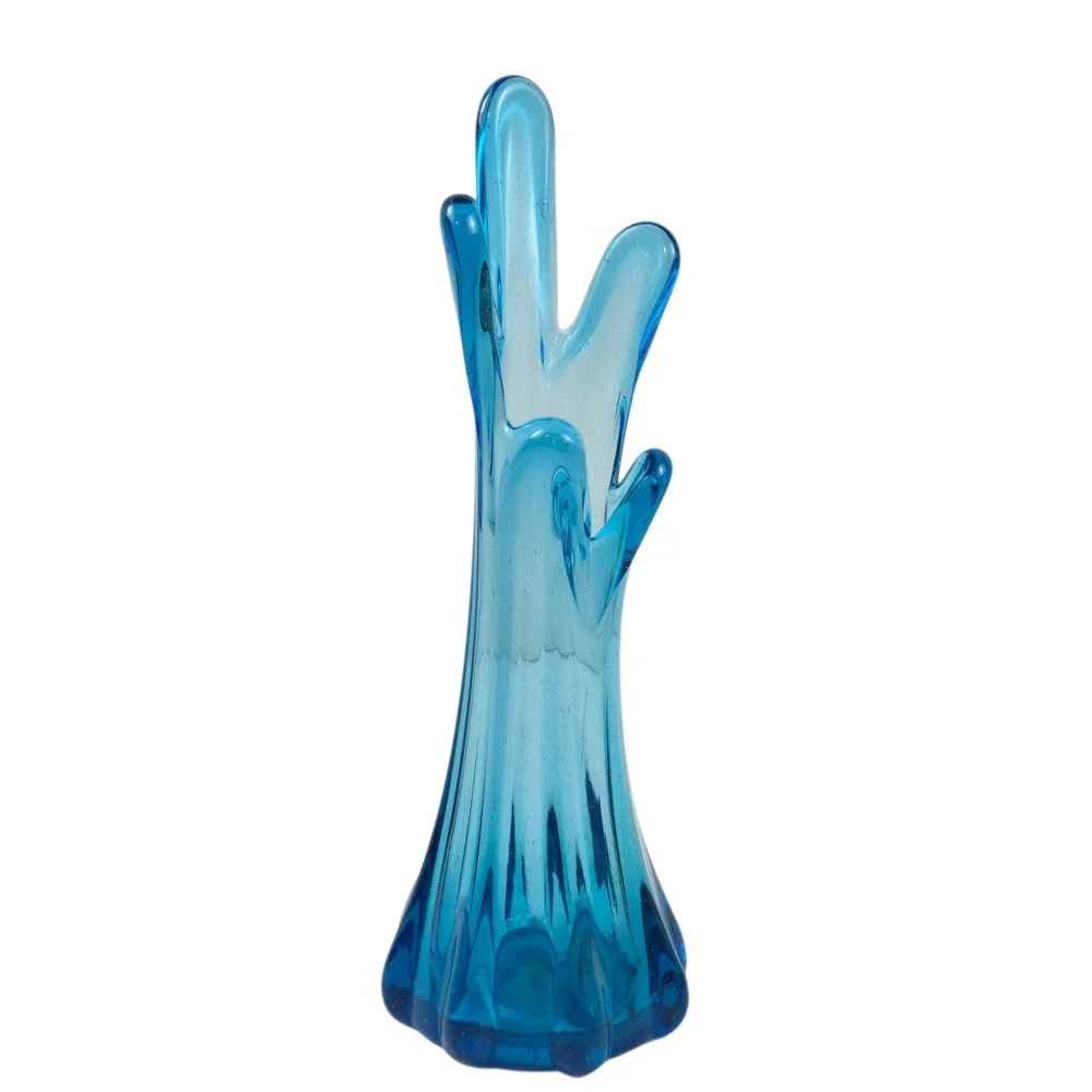 Vintage 60s Art Glass 5 Finger Swung Vase MCM Hand Blown Blue 9